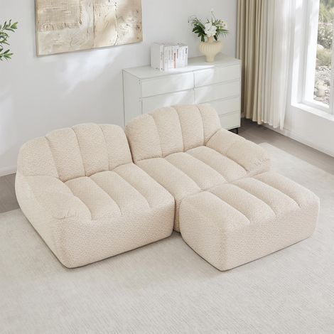 Canapé d'angle modulaire 2 places sans structure, forme coquillage, coussins d'assise profonds avec 1 pouf, canapé pour salon, livré monté, beige et blanc (1/5)