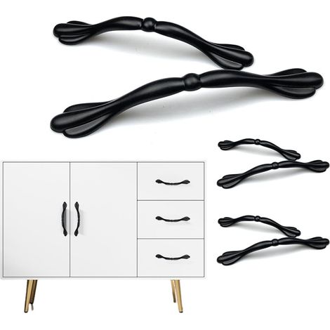6 x schwarze Türgriffe aus Aluminiumlegierung für Küchenschränke, Möbel im Landhausstil, Schubladen- und Kleiderschrankgriffe mit Schrauben (Lochabstand 128 mm) (1/5)