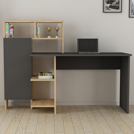 Schreibtisch Cremella, 6 Ablagen, 1 Tür, 7 Fächer, 136x60x112h cm Anthrazit Schwarz (1/4)