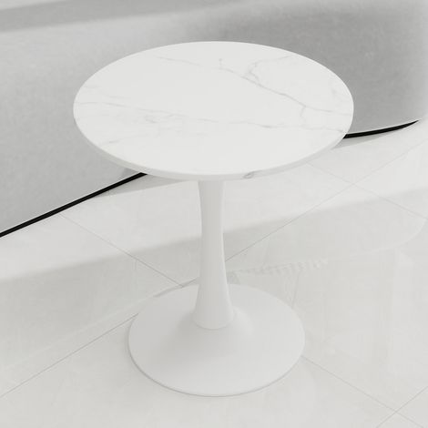 Mesa de centro redonda (77.5x77.5x15.5 cm), diseño minimalista, patas altas, mármol artificial blanca (1/5)
