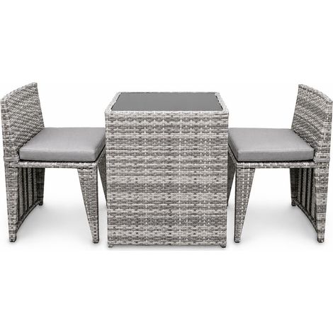 3tlg Poly Rattan Sitzgruppe Bistro Gartenmöbel Bistro Lounge Terasse Balkon Tisch Stühle Set (Grau)
