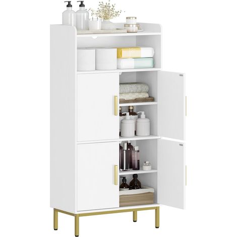 Meuble bas de salle de bain blanc 30 x 60 x 120 cm – 4 portes – 1 espace ouvert – Panneau d’aggloméré – Pieds réglables pour environnements humides (1/5)