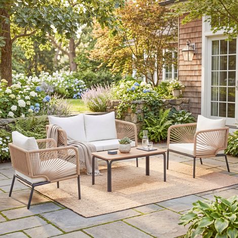 Ensemble de mobilier de jardin, salon de jardin pour 4 personnes, comprenant un canapé 2 places, 2 fauteuils, une table à lattes, un tressage en corde et des coussins d'assise lavables.