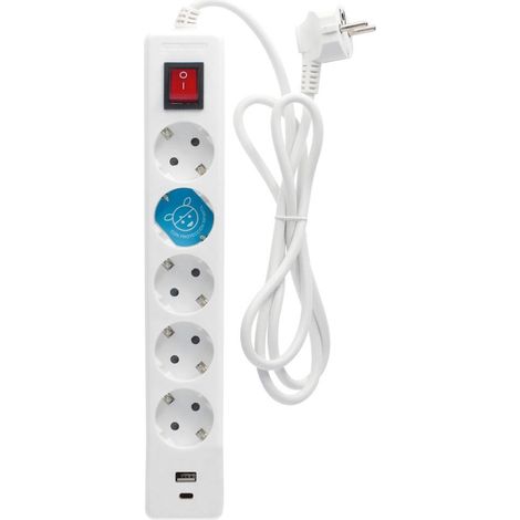 5T+USB C+A Mehrfachsockel mit Schalter (3x1,5mm) mit 1,4m Kabel aus weißem Polypropylen