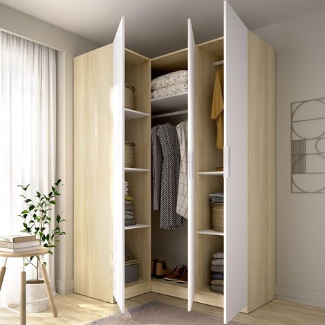 3-Türiger Kleiderschrank Reeves: Schlafzimmer-Schrank, Kleiderstange, Schubladen, 6 Regale, 95x142 cm, Weiß (1/5)