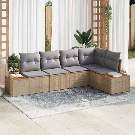 Garten-Sofa-Set mit Kissen 5 pcs Beige und Hellgrau Poly Rattan