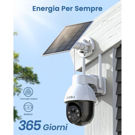AOSU 3K Telecamera WiFi Esterno Senza Fili, Panorama a 360°, 5MP Telecamera a Batteria di Sicurezza con Pannello Solare, Rilevamento PIR di Persone e Veicoli, Visione Notturna Colori, 2 Vie Audio (1/5)