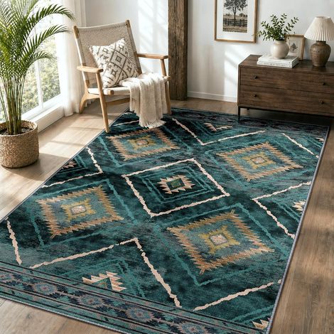 JSSEVN - Alfombra lavable a máquina para salón, 120x180 cm, antideslizante, estilo marroquí, ideal para salón, recibidor, dormitorio y cocina, color azul verdoso. (1/5)