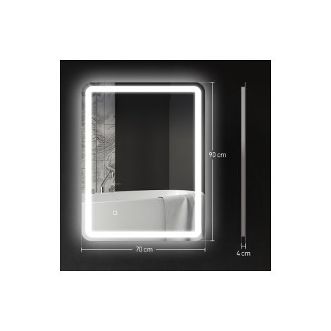 Miroir de salle de bains argenté 70 x 90 cm avec LED tactile, antibuée, dimmable et 3 teintes pour salle de bains et dressing (1/5)