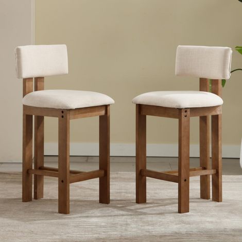 Wahson Set of 2 Linen Soft Padded Retro Rustic Counter Chairs with Wood Frame for Home Bar Kitchen Counter, Beige
