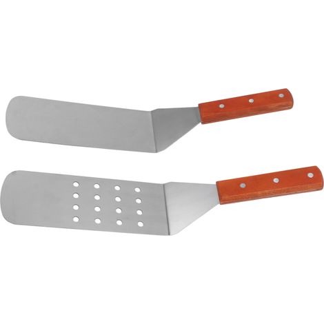 Spatule barbecue inox poignée bois antidérapante, résistante à la chaleur, facile à nettoyer, durable, lot de 2 : spatule plate ronde et spatule fendue ronde (1/5)