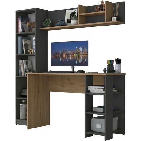 Schreibtisch Venetico, 9 Fächer, 2 Schubladen, 7 Ablagen, 160x45x162h cm Eichenbraun