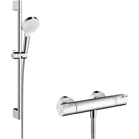 Hansgrohe – Colonne de douche thermostatique – Douchette à main 2 jets – Débit 14 l/min – Flexible Isiflex 1,6 m – Technologie EcoSmart