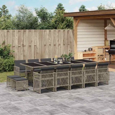Ensemble à manger de jardin 15 pcs-Salon de jardin coussins gris résine tressée 670339 (1/5)
