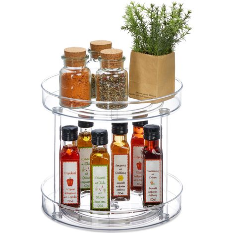 Relaxdays Organizador Giratorio 2 Niveles, ­Ø 27 cm, Estantería Rotatoria Nevera, Cosméticos y Especias, Transparente