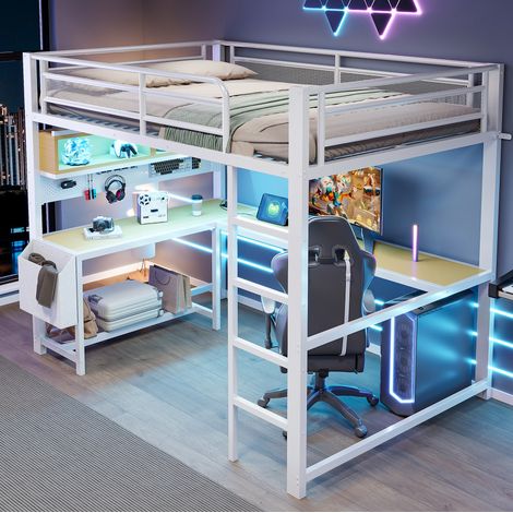 Cama alta 140 x 200 cm con escritorio, almacenaje, LED y estación de carga blanca OKMYHOME (1/5)