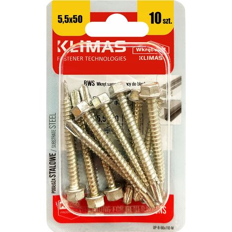Vis Autoperceuses Pour Tôle Klimas, 5.5 x 50 mm, Tête Hexagonale, Blister 10 Pièces (1/5)