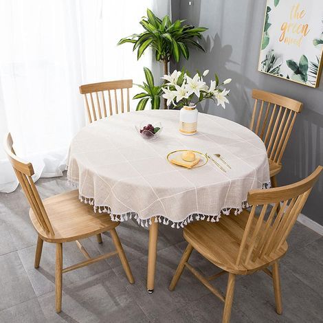 Nappe de Table Ronde Nappe Ronde 140cm Nappe Lavable Anti-Tache Nappe Ronde à Franges en Lin Décoration Fête Soirée pour Table de Cuisine Salle à Manger (1/5)