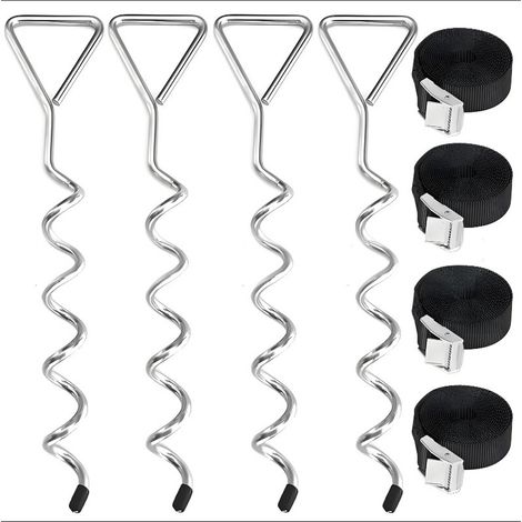 Estacas de anclaje en espiral, kit de correas tensoras, juego de 4 anclajes para trampolín, anclaje al suelo, estacas de anclaje en espiral, 4 estacas y 4 Tiras (1/5)
