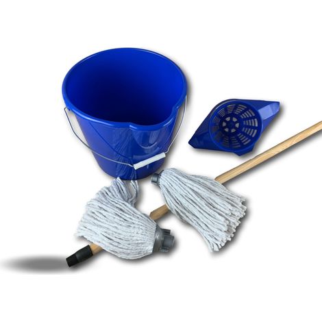 Kit balai à franges espagnol  2 serpillières  Seau 10 L  Panier essoreur - Quantité x 1 - Ensemble balai espagnol - Manche bois