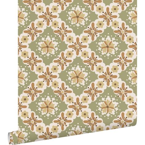 papier peint fleurs vintage vert et terracotta  - ESTAhome (1/5)