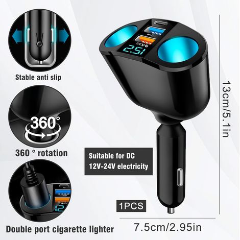 Cargador USB para coche, toma doble de mechero de 12 V, carga rápida de 20 W, cargador USB 3.0 doble para coche con voltímetro LED. (1/4)