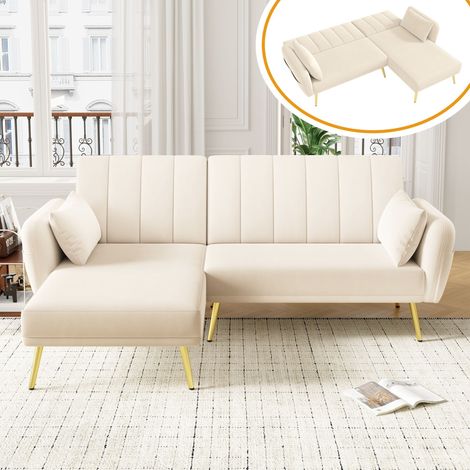Schlafsofa 3 Plätze, L-förmiges Schlafsofa, verstellbare Rückenlehne in 3 Stufen, multifunktionales Velours-Ecksofa, geeignet für Wohnzimmer, Gästezimmer und Heimkino - Beige