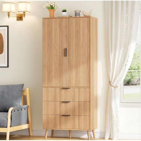 Credenza contenitore con 2 ante, 3 cassetti, ripiani interni, in MDF naturale, per soggiorno, 75x35x180 cm (1/5)