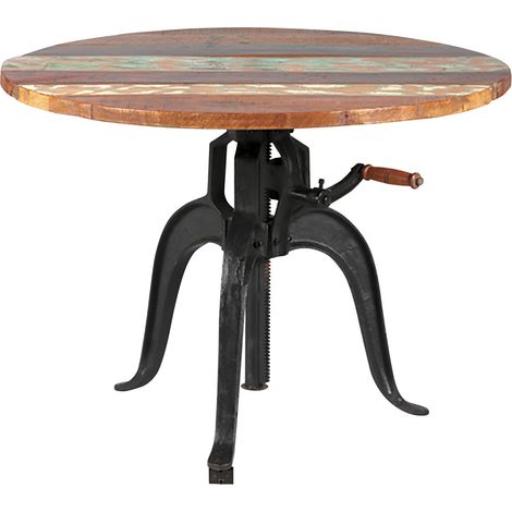 Altobuy – Table ronde à crémaillère en bois de récupération – Plateau ajustable Ø90 cm – Piètement en fonte – Style industriel authentique (1/3)