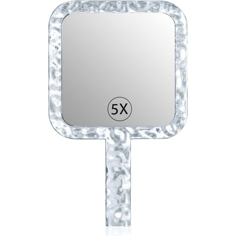 Miroir à main double face grossissant 1X/5X avec poignée pour maquillage, miroir de rasage avec trou de suspension, acrylique, 15,5 cm de large x 25,4 cm de long, forme carrée, transparent (1/5)