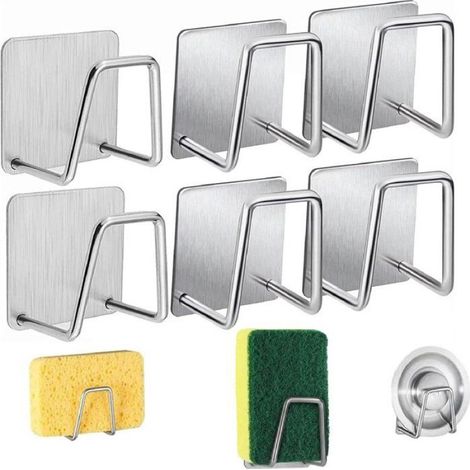 Porte-éponges adhésifs - 6 pièces 5x5cm - Acier inoxydable étanche - Installation sans perçage - Argent (1/5)