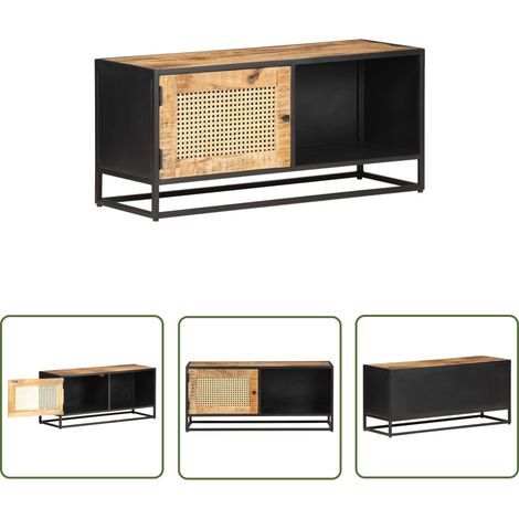 SKM Meuble TV 90x30x40 cm Bois de manguier brut et canne naturelle (1/5)