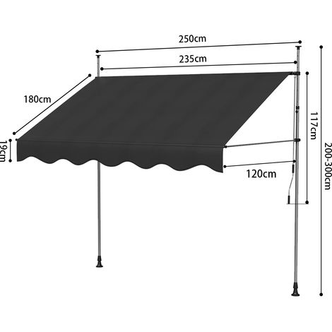 Store banne – 250×120 cm – Noir – Rétractable – Hauteur/inclinaison réglables – Sans perçage – Terrasse/balcon/jardin