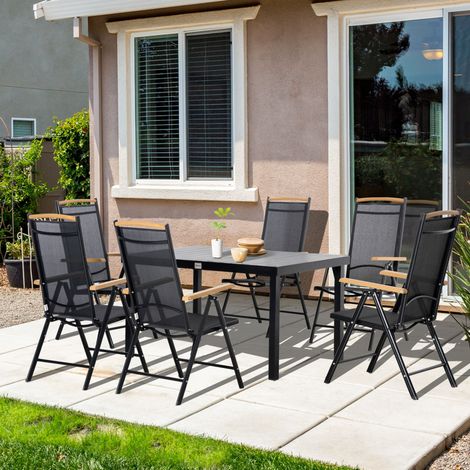 Salon de jardin pliable 6 places avec table et 6 chaises, dossier réglable, aluminium noir (1/5)