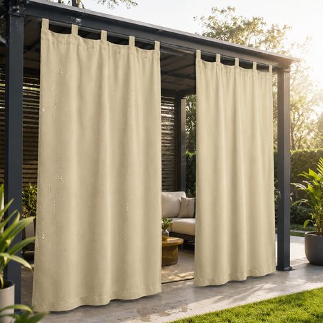 ROSNEK lot de 2 Rideaux extérieurs occultants imperméables 132 x 241 cm, isolation thermique à pattes auto-agrippantes, Beige (1/5)