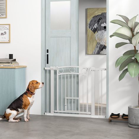 Cancelletto per animali domestici, 77 cm, larghezza regolabile 76-104 cm, con porticina per gatti, per scale e porte, bianco
