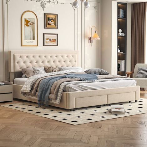 Lit coffre - 180x200 Velours beige - Coffre hydraulique - 2 tiroirs - Tête de lit capitonnée (1/5)