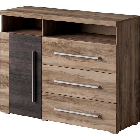 Cómoda Sorciro 102, Nuez + Roble oscuro, Con cajones y puertas, Número de cajones: 3, 92x120x39cm