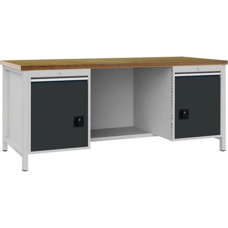 Établi gris clair B2000xH859xT750mm en multiplex de hêtre 40mm 2 tiroirs 2 portes (1/3)