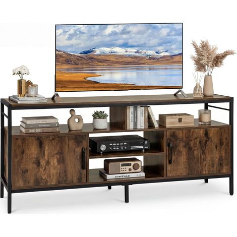 Meuble TV Industriel avec 2 Placards à Porte, 4 Compartiments, Cadre en Métal, Jusqu'à TV 65", pour Salon, Chambre, 147 x 35 x 63,5 cm, Marron (1/2)