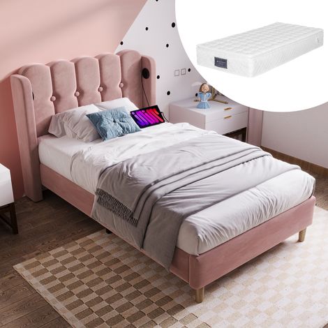 Letto letto singolo ricarica USB C velluto rosa OKMYHOME