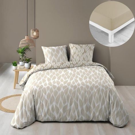 Douceur D'Intérieur – Pack housse de couette 240 x 220 cm – Drap housse beige 140 x 190 cm – 100% coton 57 fils – Finition boutons pression (1/5)