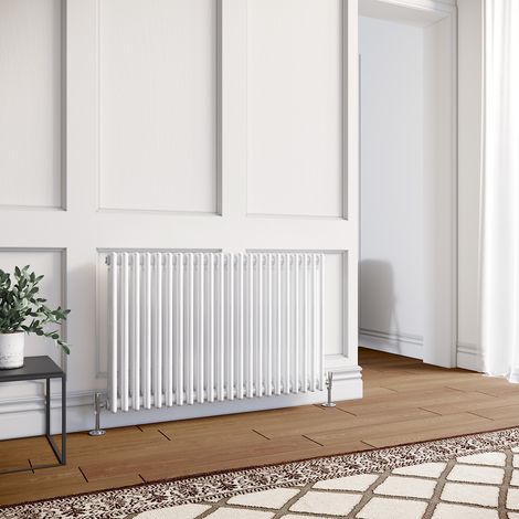 ELEGANT Horizontal Traditional Radiator 600 x 1010mm White Column Double Column Radiator with Chrome Thermostatic Radiator Valves (1/5)