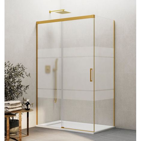 Mampara de ducha angular frontal 1+1 con lateral fijo BASIC 120x70 cm cristal Frost perfil oro (1/5)