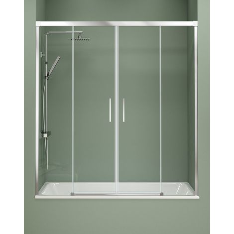 Mampara Bañera Frontal 2 Puertas - 2 Fijos Corredera  Cristal Templado 6mm Antical Transparente  Perfil Cromo Brillo 180 cm (Adaptable 174-179cm)