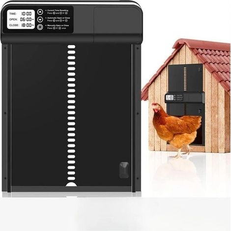 Porte Poulailler Automatique Batterie avec Écran LCD Programmable Étanche, Porte Automatique Poulailler en Alliage d'aluminium avec 24H Minuterie, Fonction Anti-pincement, Ouvre-Porte Vertical (Noir) (1/5)