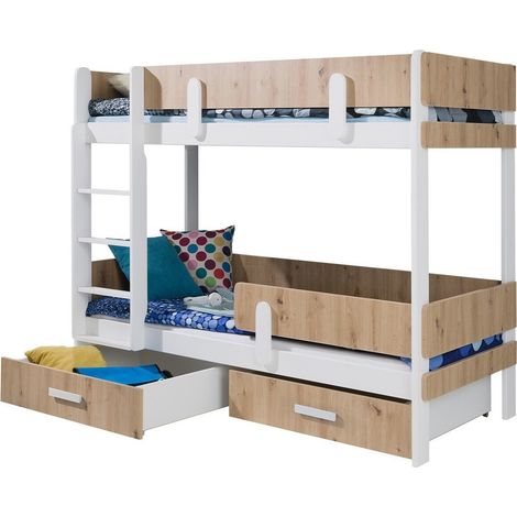 Litera Henderson 144, Blanco + Roble Artisan, De dos pisos, 90x200, Madera, Aglomerado laminado, Somieres, 103x208x156cm