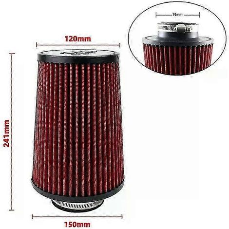 Filtre à air d'admission universel à haut débit pour voiture, tête de champignon, 102 mm, 89 mm, 76 mm, 3, 3,5, 4 pouces, conique, pour KN 14084-2 (long, rouge, 76 mm) (1/5)