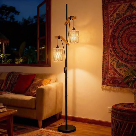 lampadaire sur pied Boho pour Salon, Lampadaire Bois 2 Lumières et Métal, Lampadaire Boho avec Abat-jour en Rotin, Lampe Industriel pour la Chambre, Salon, Bureau, Noir, Ampoule non Incluse (1/5)