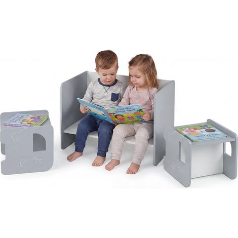 COSTWAY Table Enfant avec Chaise en Motif Éléphant, Table et 2 Chaises Enfant Convertible avec Tableau Noir, Espace de Rangement, Petit Bureau Montessori en Bois, Charge 30/50kg pour 3 Ans+ (Gris) (1/5)